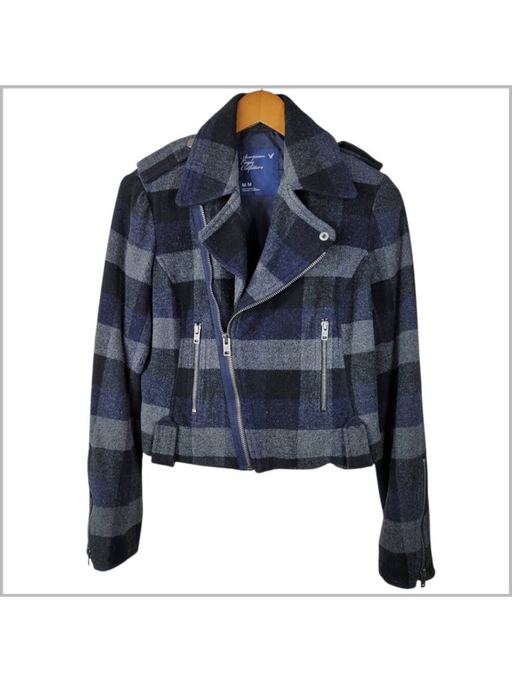 Vintage Y2K American Eagle Medium Wool Jacket Coat Moto winter Plaid Blue Gray
